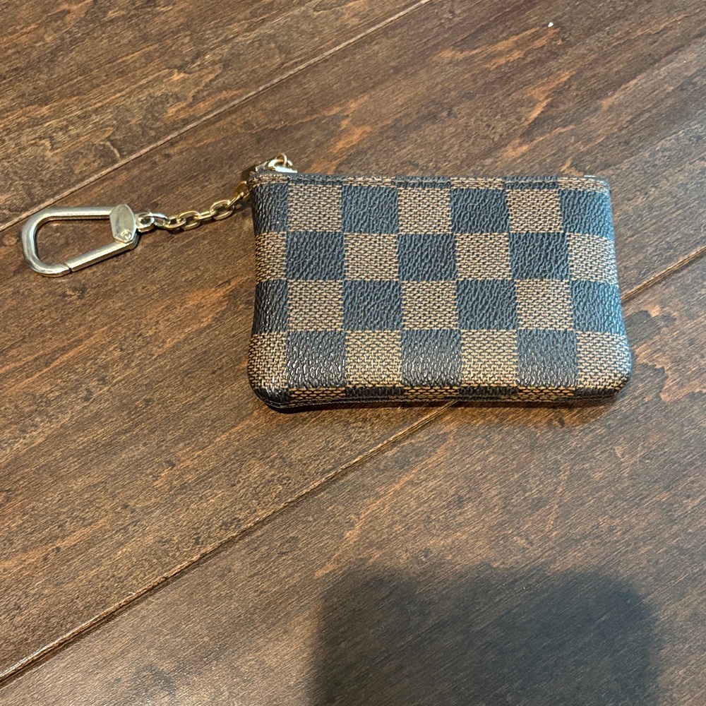 Checker Print Zip Coin Pouch Keychain - Brown & Dark Brown